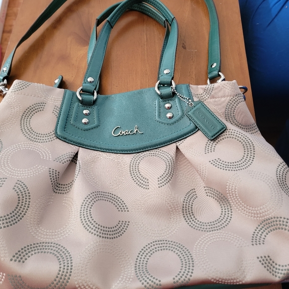 Coach Handbags - COACH TEAL/BEIGE TOTE BAG OPTIC C DESIGN